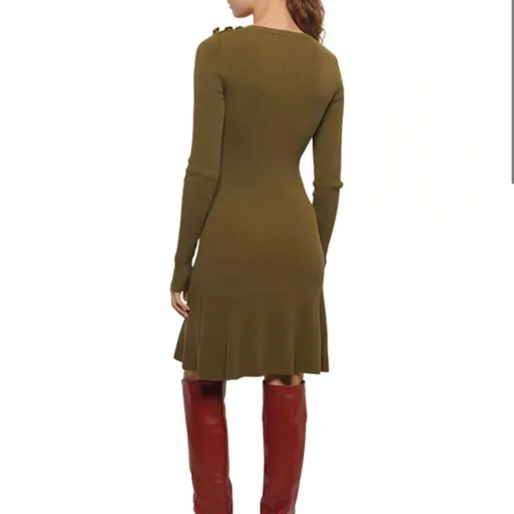 DEREK LAM 10 CROSBY Vanessa Ribbed Knit Flounce Dress In Olive Size Medium - Picture 5 of 15